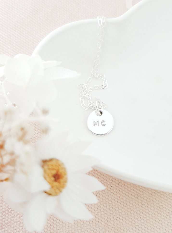 initials on silver necklace